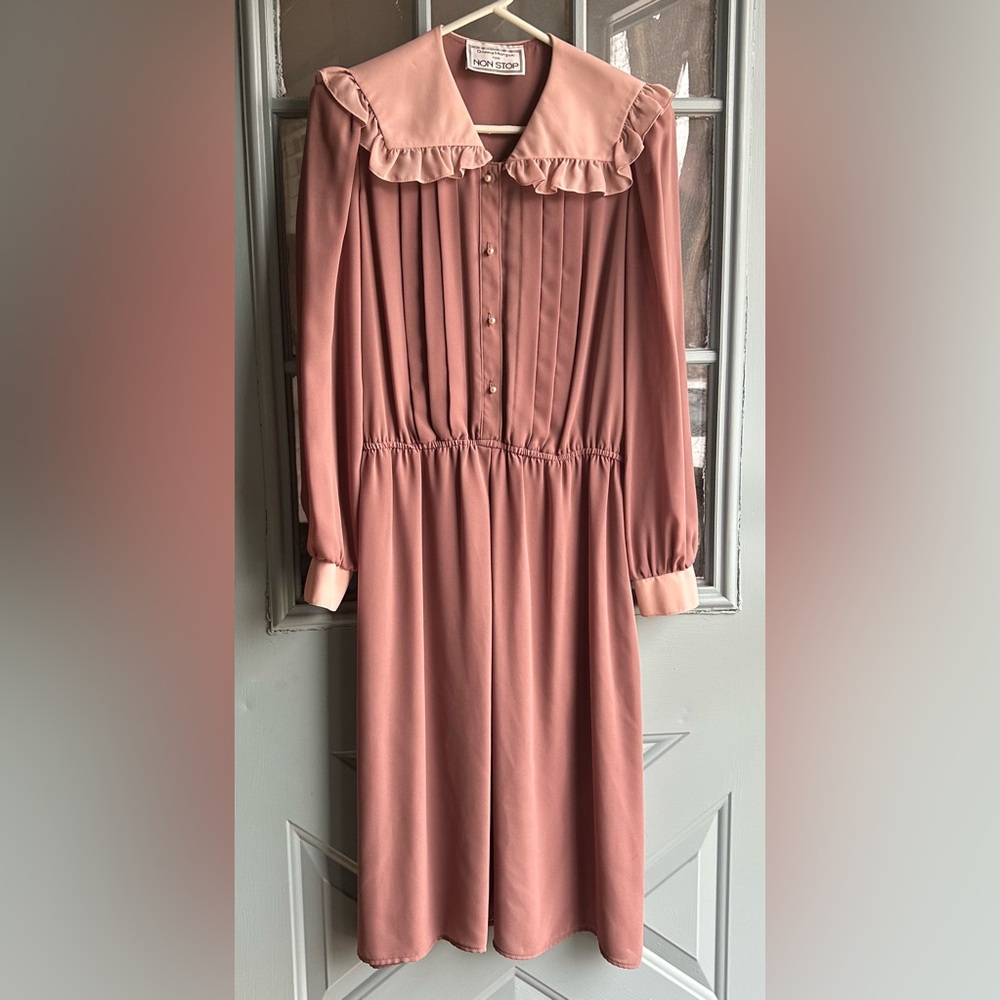 Vintage 70’s Prairie Ruffle Collar Midi Dress Long Sleeve Pearl Button Pleated M